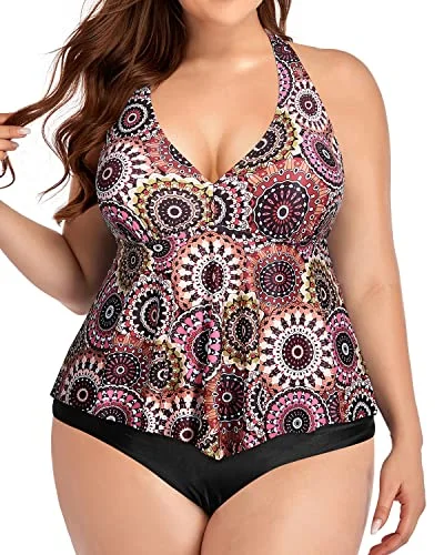 Backless Tummy Control High Waisted Plus Size Bathing Suits For Women-Brown Print