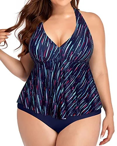 Ruffle High Waisted Two Piece Swimsuits For Plus Size Women-Navy Blue