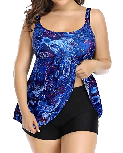 Scoop Neck Plus Size Tankini Swimsuits For Women Tummy Control-Blue Tribal