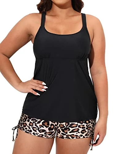 Tummy Control Swimsuit Two Piece Plus Size Bathing Suit For Women-Black And Leopard