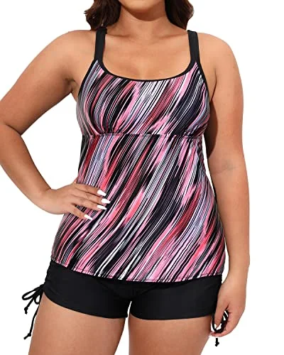 Sporty Athletic Swim Boy Short Two Piece Plus Size Bathing Suit For Women-Pink Stripe