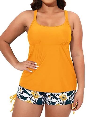 High Waisted Plus Size Swim Shorts Plus Size Swimwear For Women-Yellow Floral