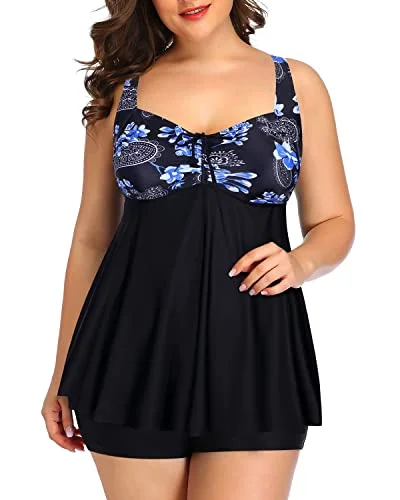 Women's Slimming Plus Size Tankini Swimsuits Boy Shorts-Blue Paisley