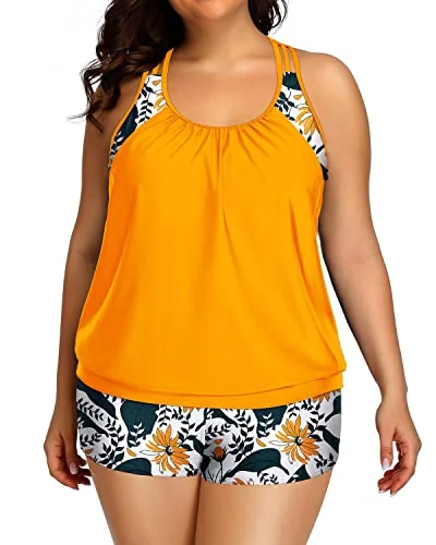 Blouson Plus Size Women's Tankini With Sports Plus Size Swimsuit Shorts-Yellow Floral