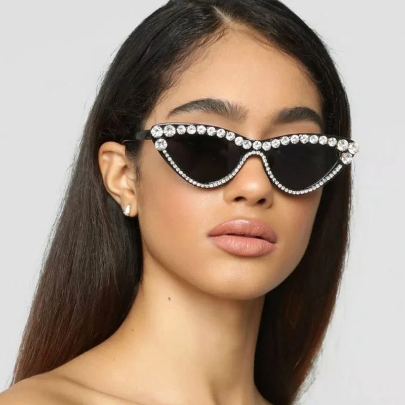 Women's Sexy Small Bling Crystal Diamond Decor Cat Eye Sunglasses