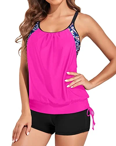 Strappy Tummy Control Tankini For Women With Boy Shorts-Neon Pink