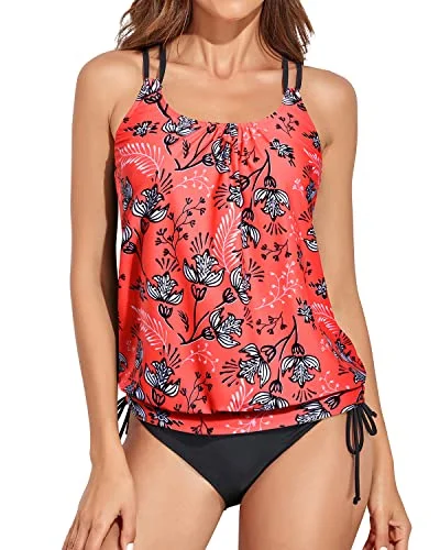 Mid Rise Blouson Tankini Bathing Suits For Women-Red Floral