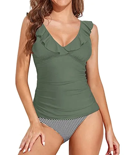 Deep V Neck Plunge Swim Tank Top With Ruffled Shoulders Bathing Suit-Army Green